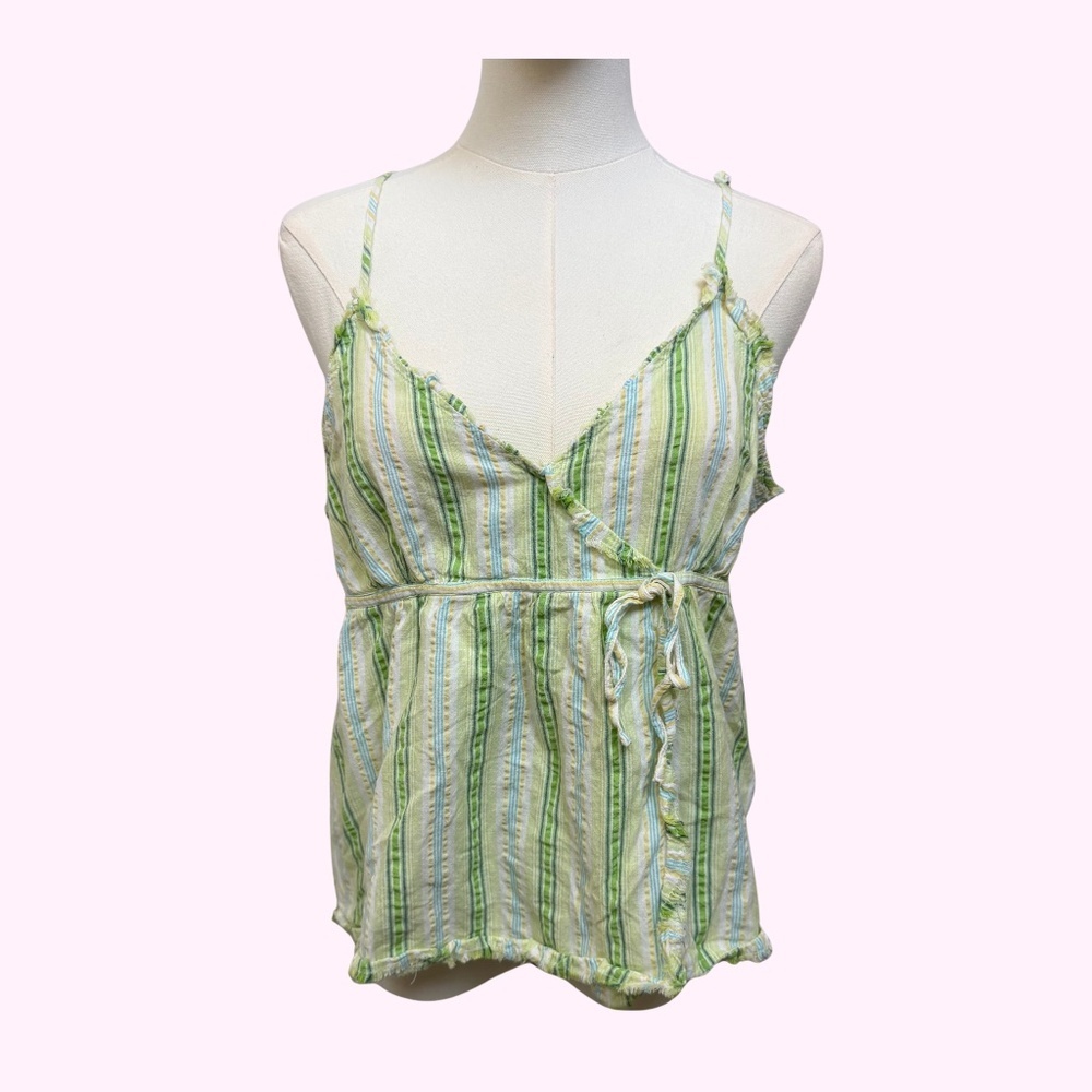 Y2K VTG Andrew&Co Striped Green Blue 100% Cotton Tank Top sz Large